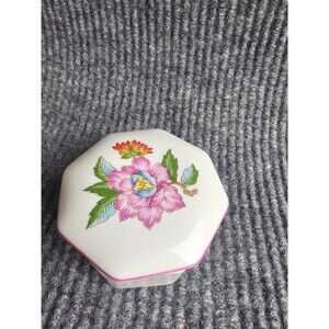 Vintage Dolphin Japan 3" Trinket Box Floral White Porcelain Hexagon  Lid